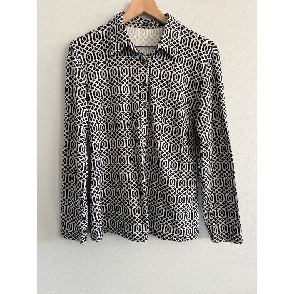 J. McLaughlin Blouse Women's Large Black White Gray Long Sleeve Button Front Top